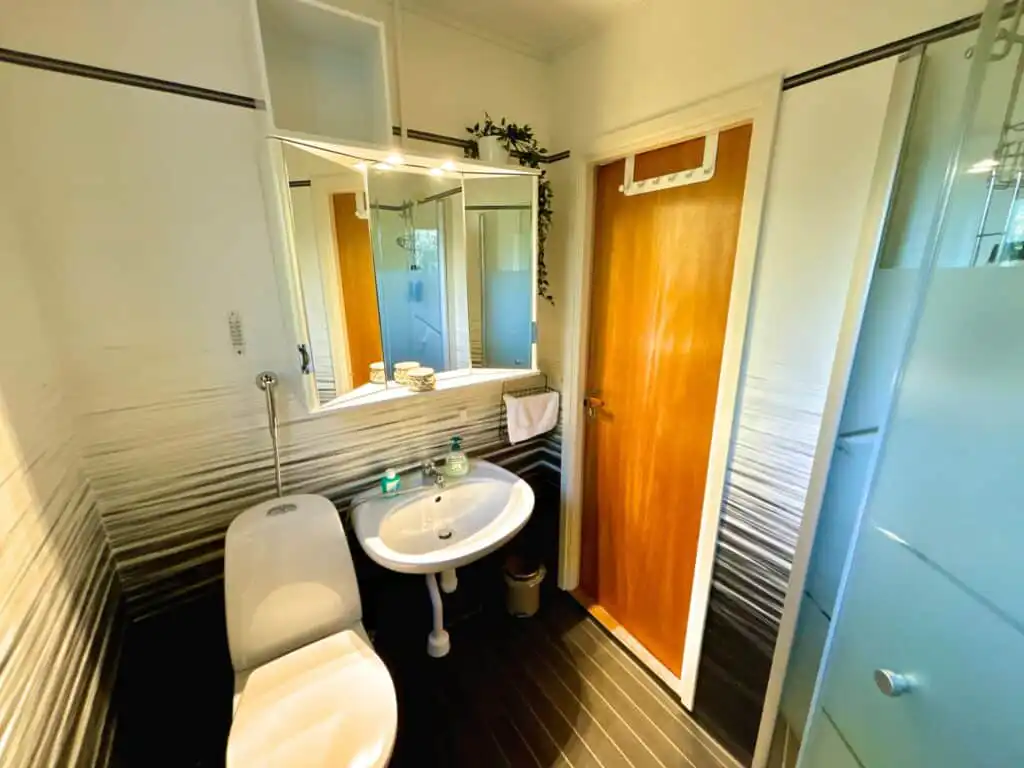 Badezimmer mit Dusche – Ferienhaus direkt am See in Alsterbro