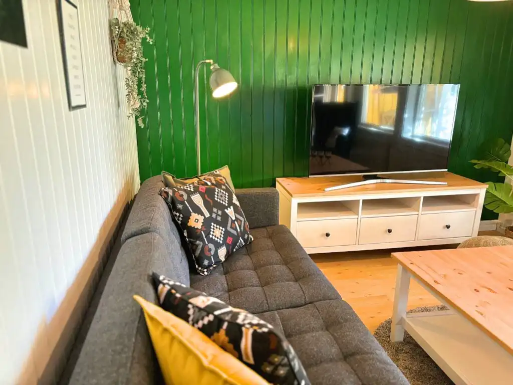 Helles Wohnzimmer mit grüner Akzentwand – Ferienhaus Villa Lotte am See in Småland
