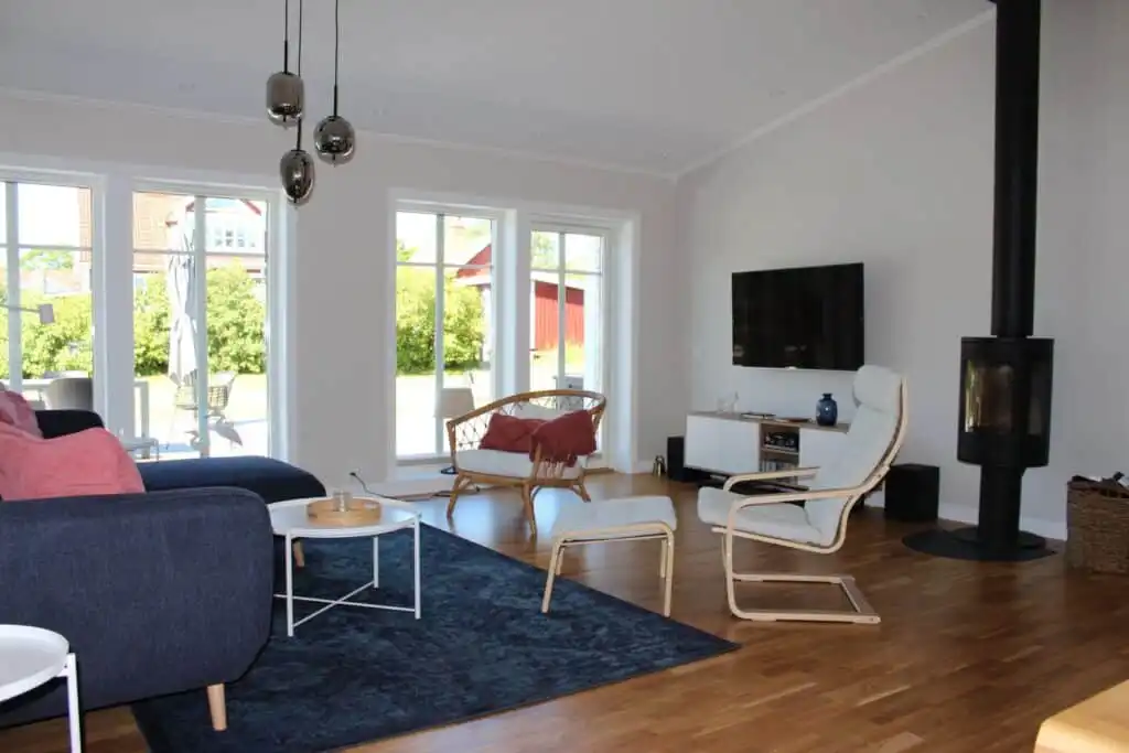 Wohnzimmer mit Kamin und moderner Einrichtung – Urlaub mit Hund an der Ostsee möglich