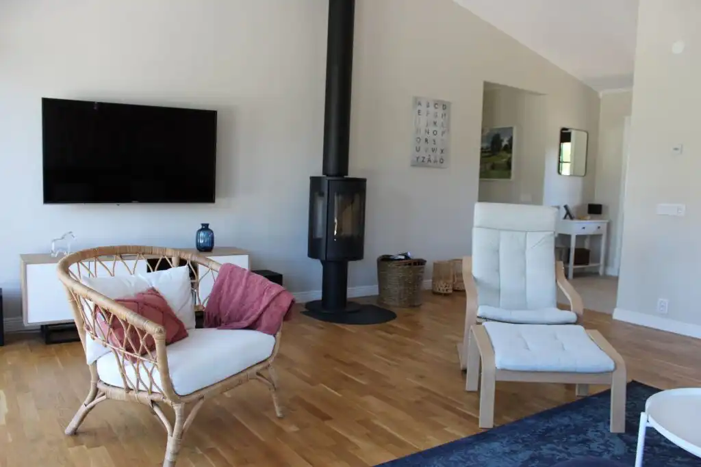 Wohnzimmer mit Kamin und TV – Ferienhaus für 6 Personen an der Ostseeküste Småland