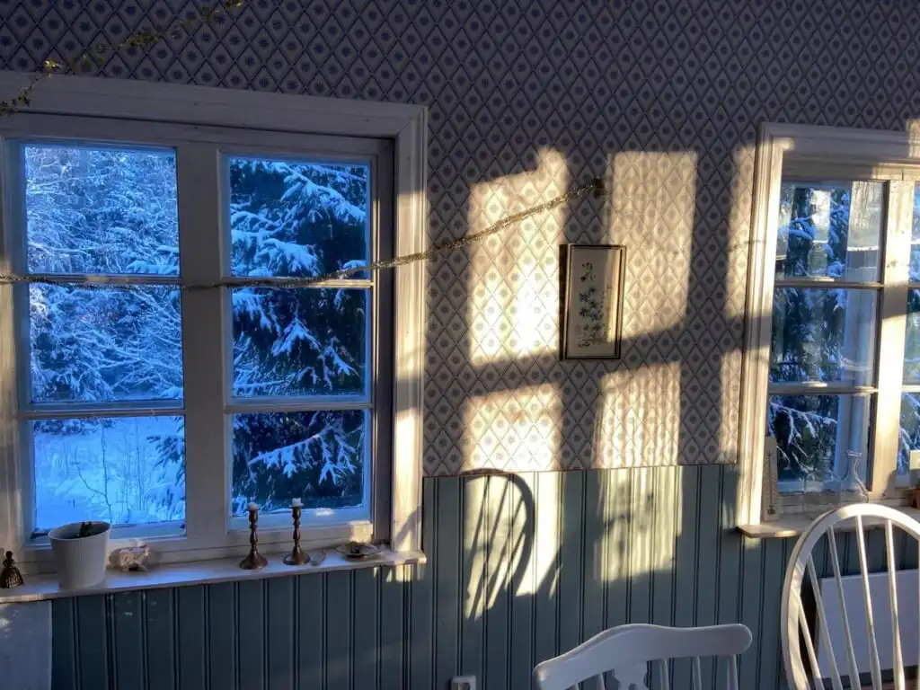 Heller Wohnraum mit großen Fenstern im Ferienhaus Torsholma Skolhus in Småland mit Blick in die schwedische Natur
