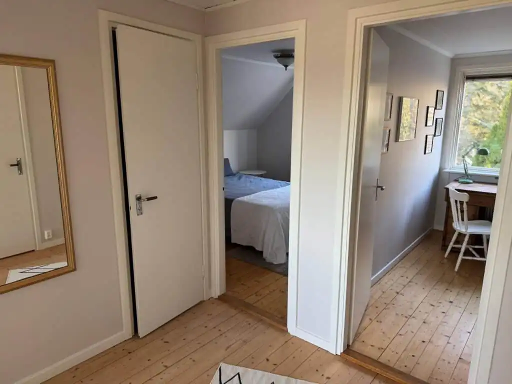 Schlafzimmer im Ferienhaus Hus Hörnsö – Schlafzimmer mit Schreibtisch und Fensterblick