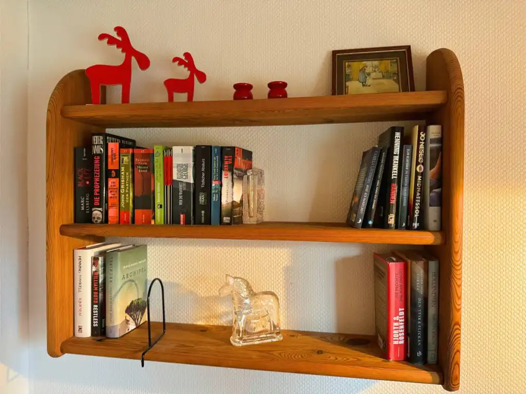 Bücherregal im Wohnbereich von Stuga Sjögolf in Storebro