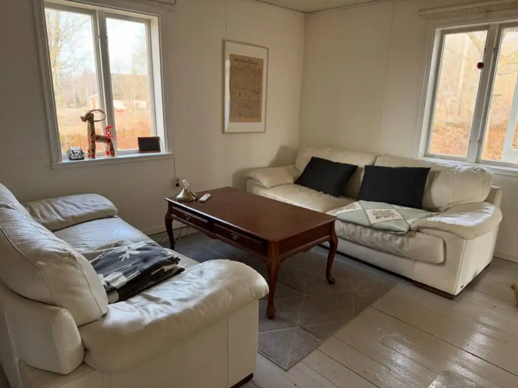 Wohnzimmer mit Sofaecke im Ferienhaus Hus Blommenshöns bei Ruda – Ferienhaus in Småland
