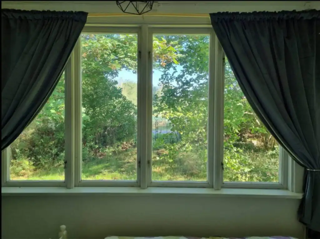Gartenblick vom Ferienhaus Hus Blommenshöns bei Ruda – Natururlaub in Småland