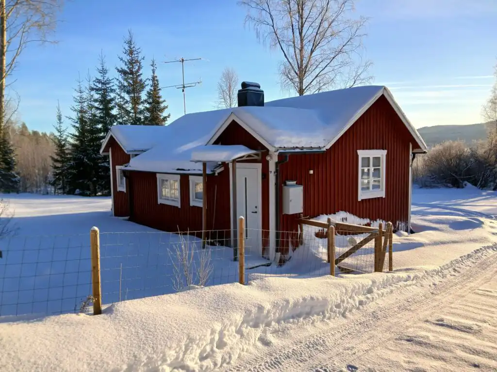 Winteransicht vom Ferienhaus Hus Hammarstrand – gemütliches Schwedenhaus im verschneiten Jämtland