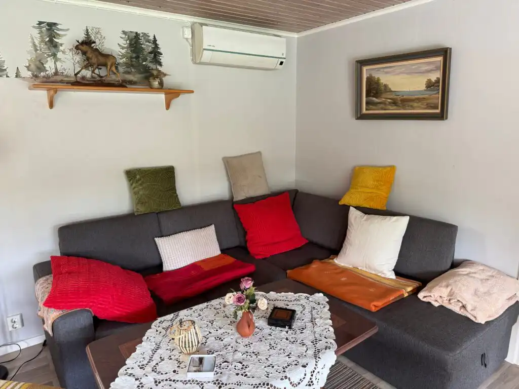 Wohnzimmer mit Sofa im Ferienhaus Hus Rörsmåla in Holmsjö