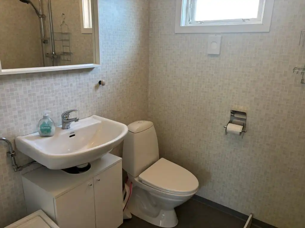 Badezimmer im Ferienhaus Hus Jorgentorp – Badezimmer mit WC und Waschbecken