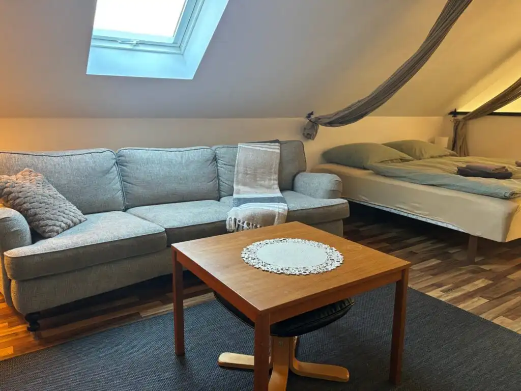 Wohnzimmer mit Sofa und Dachfenster im Ferienhaus Naturhus Broby in Skåne