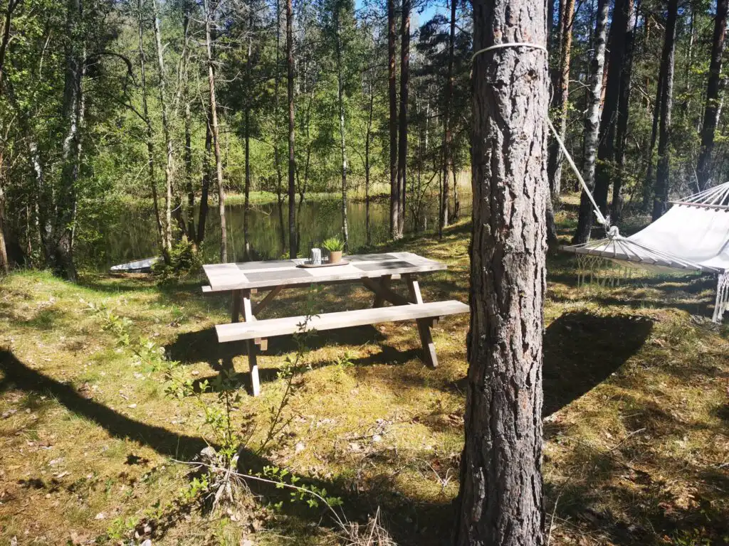 Picknickplatz im Garten der Banvaktstuga – Ferienhaus in Fliseryd in ruhiger Natur