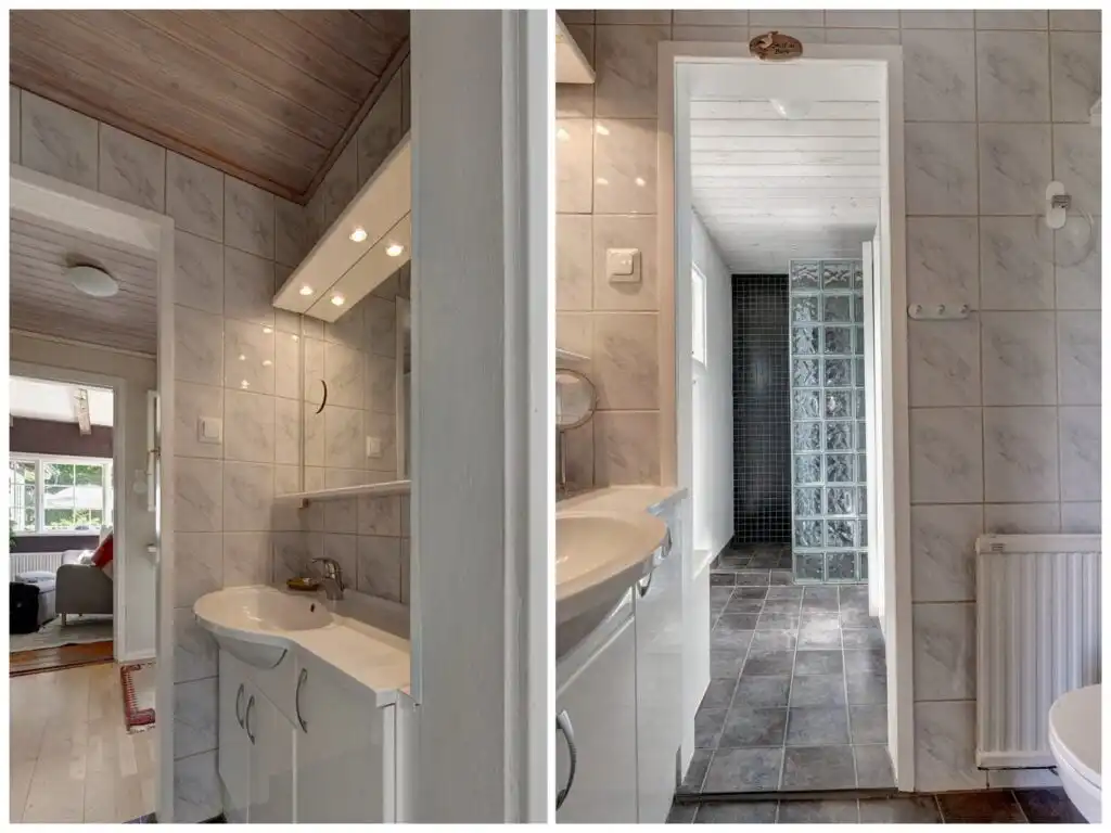 Badezimmer im Ferienhaus Peaceful Getaway – modernes Bad mit Dusche im Ferienhaus