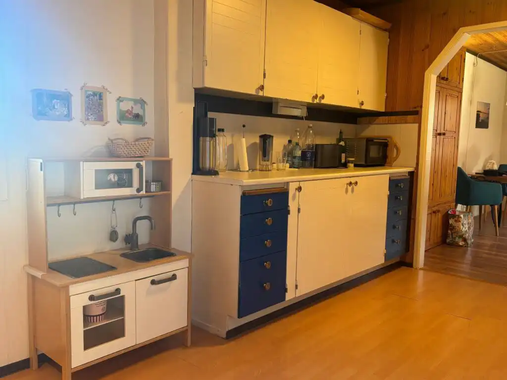 Küche im Schwedenhaus mit Holzofen und heller Einrichtung