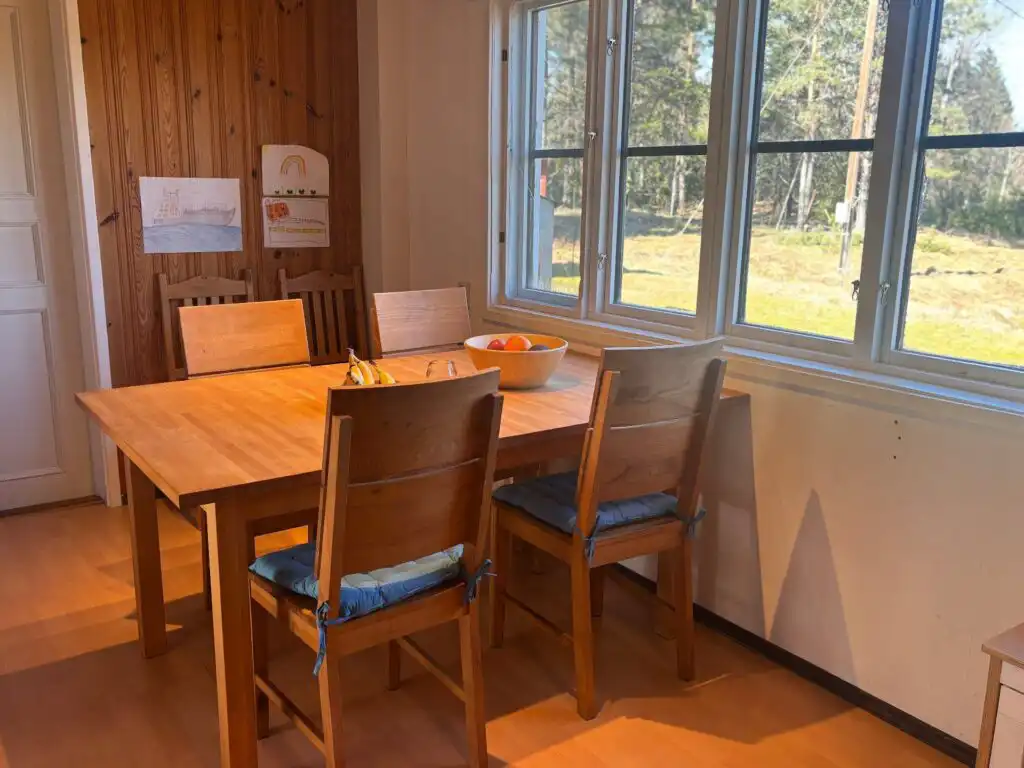 Essbereich mit Holztisch und Stühlen im Ferienhaus