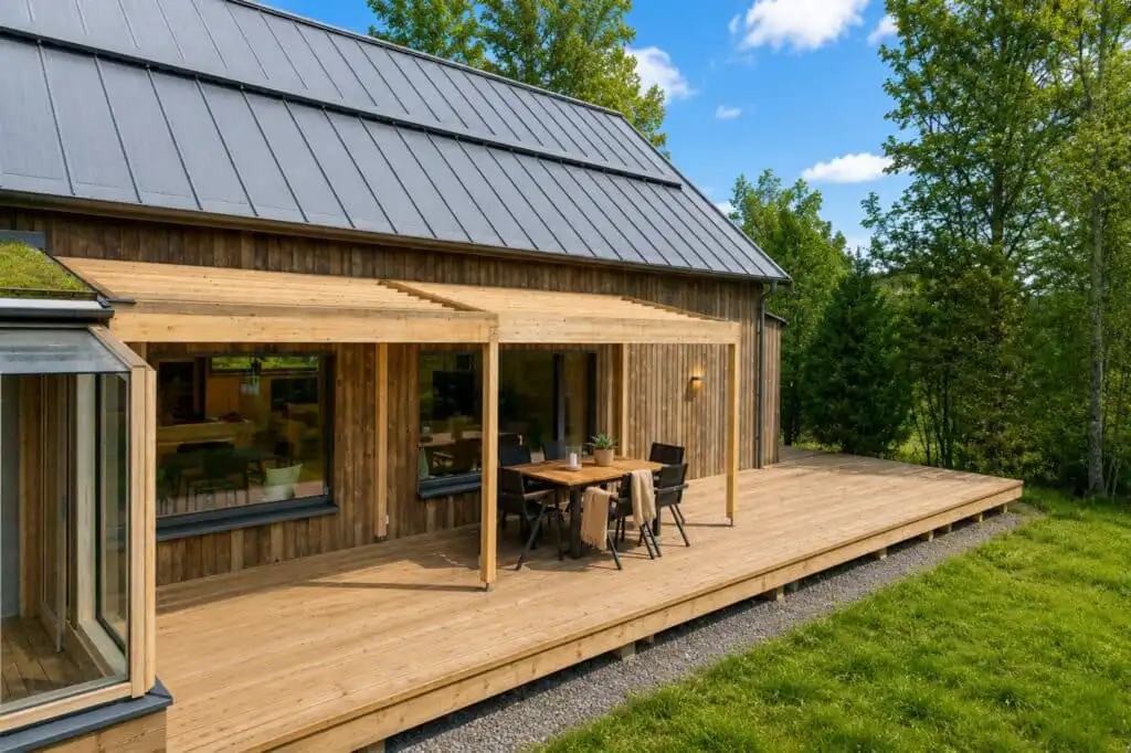Große Holzterrasse am ökologischen Ferienhaus CIRCUITUS in Schweden