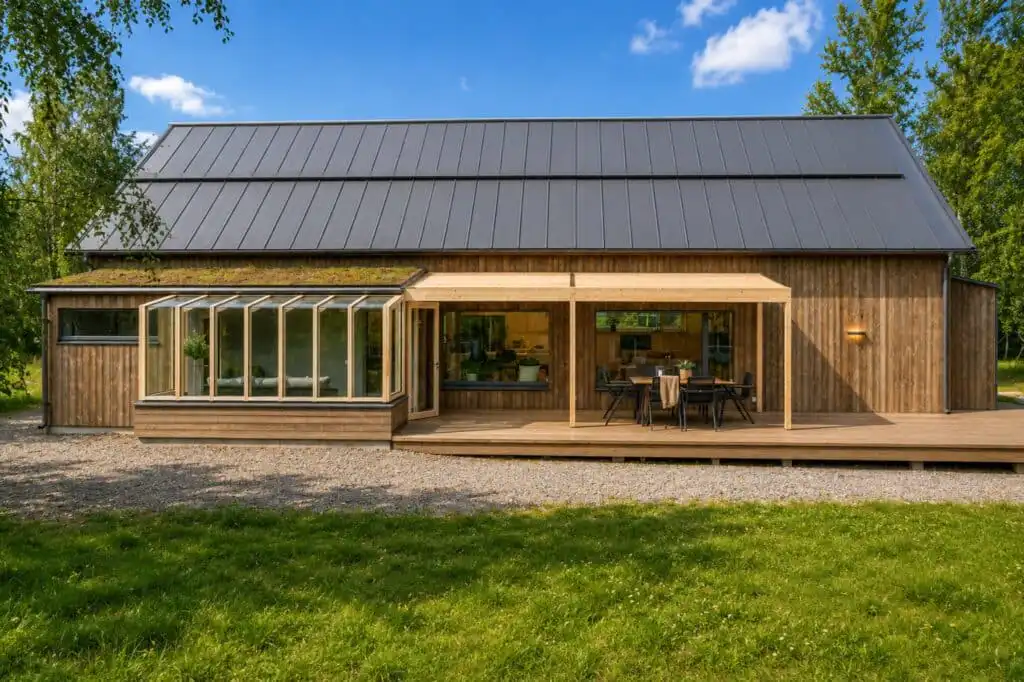 Moderner Außenbereich des nachhaltigen Ferienhauses CIRCUITUS bei Växjö