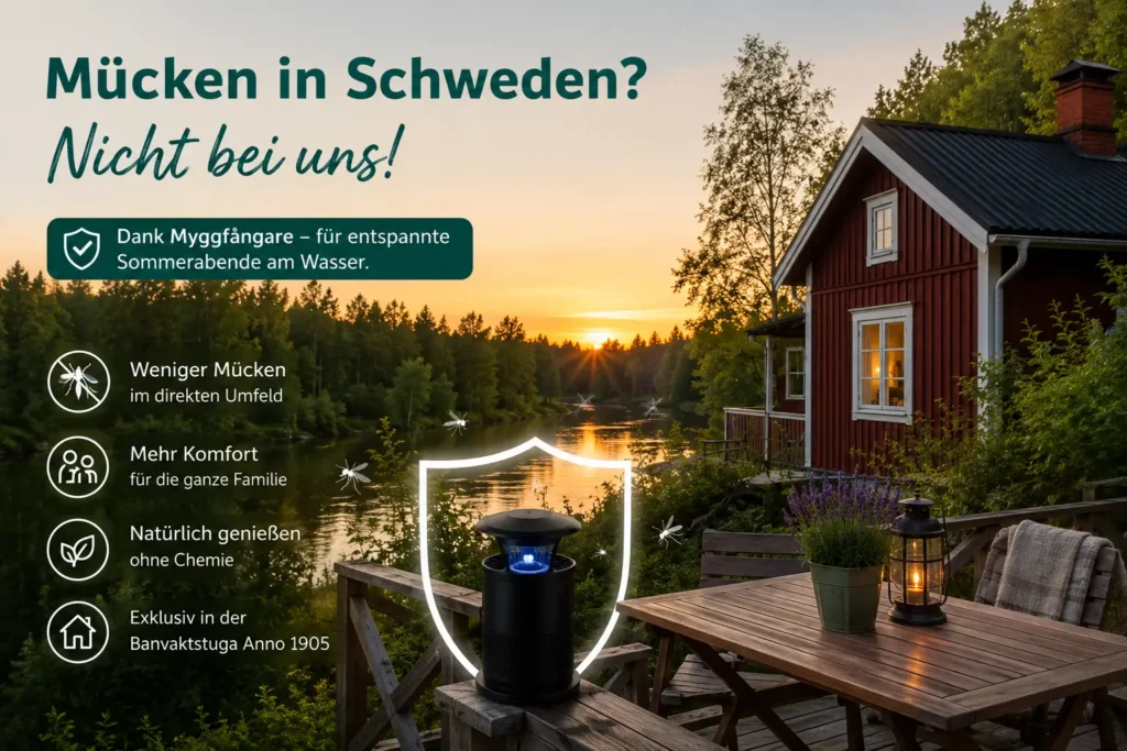 Mücken in Schweden reduzieren: Myggfångare an der Banvaktstuga Anno 1905 direkt am Fluss in Småland