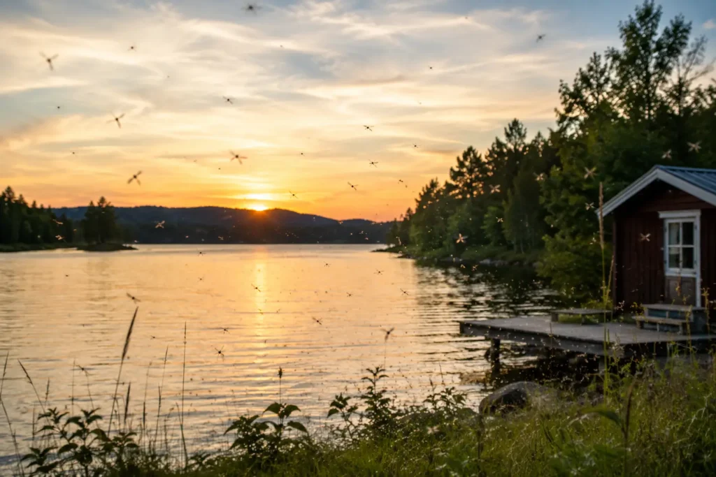 Mücken in Schweden an einem Ferienhaus am See in Småland während eines Sommerabends