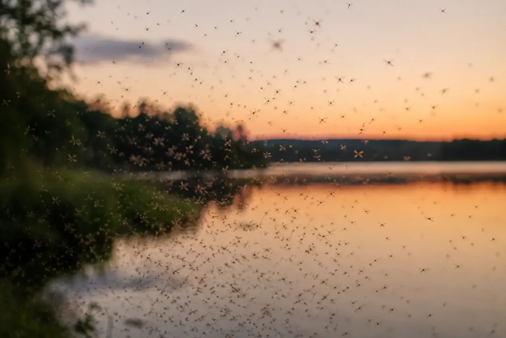Mückenschwarm über einem See in Schweden bei Sonnenuntergang im Sommer