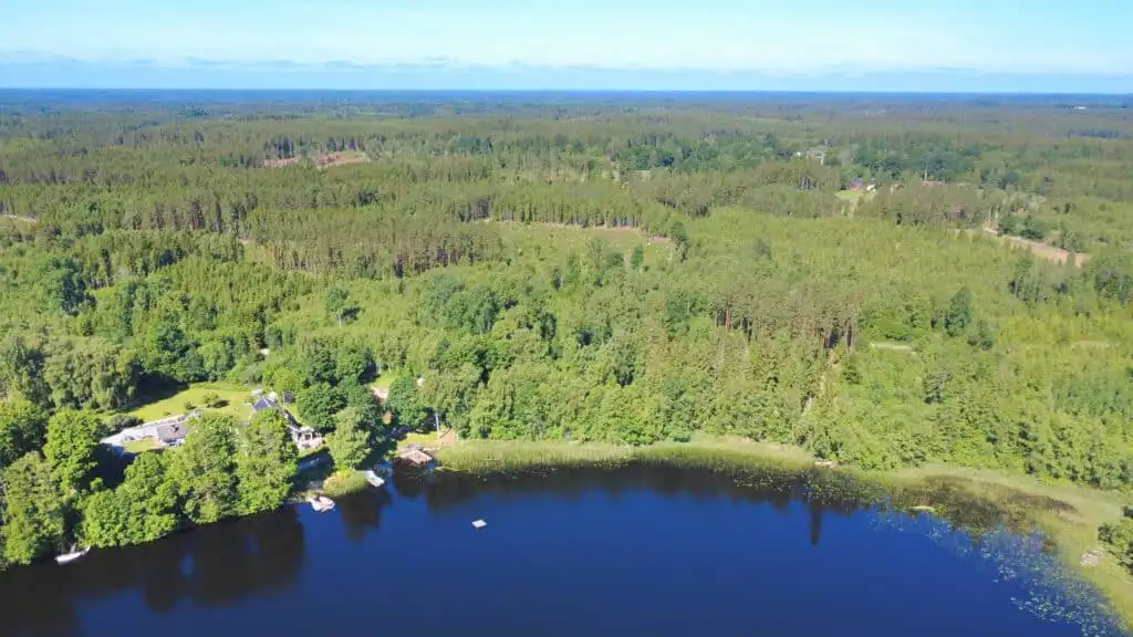 Luftaufnahme von Skogshem direkt am See Sidlången in Småland