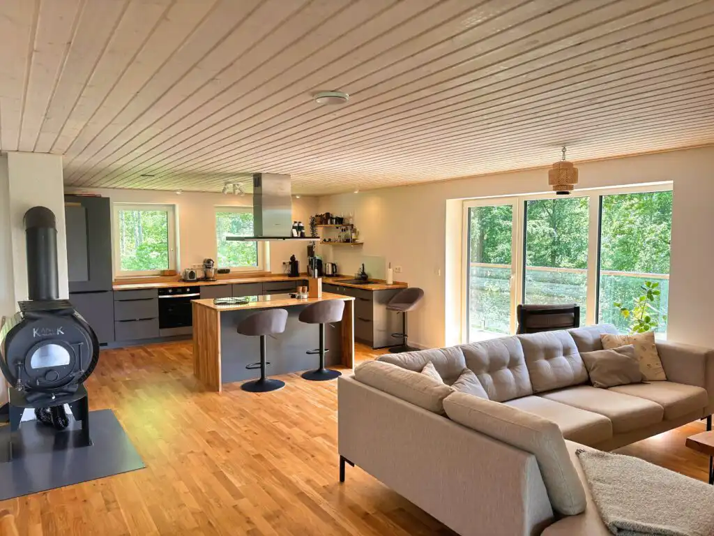 Heller Wohnraum mit Kamin und Naturblick