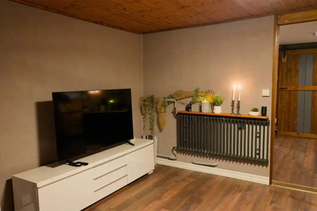 Wohnzimmer mit TV im Hus Lönnbacka in Blekinge