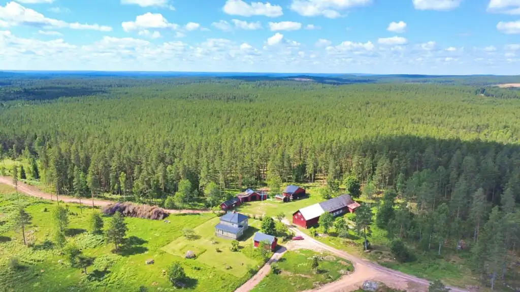 Luftaufnahme des Ferienhauses Stora Hultet mitten im Wald