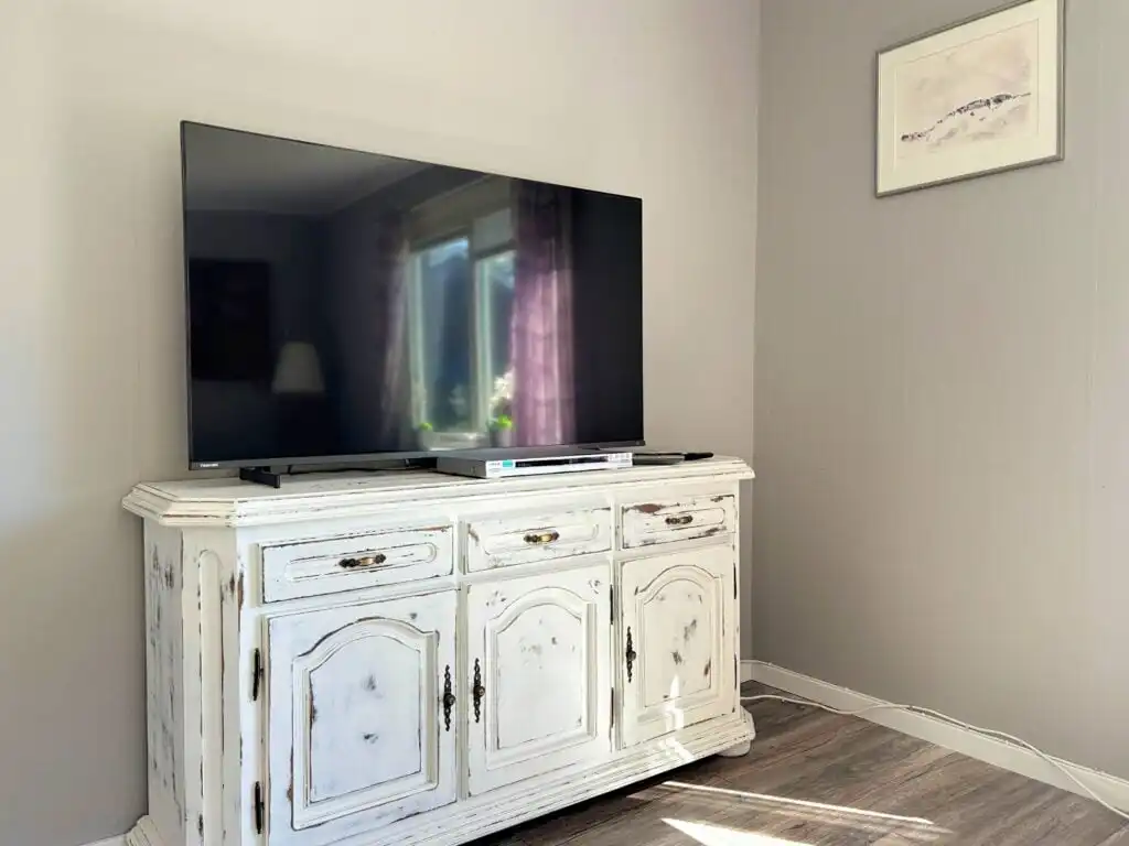 Wohnzimmer mit TV und moderner Einrichtung im Ferienhaus Connys Hus in Schweden