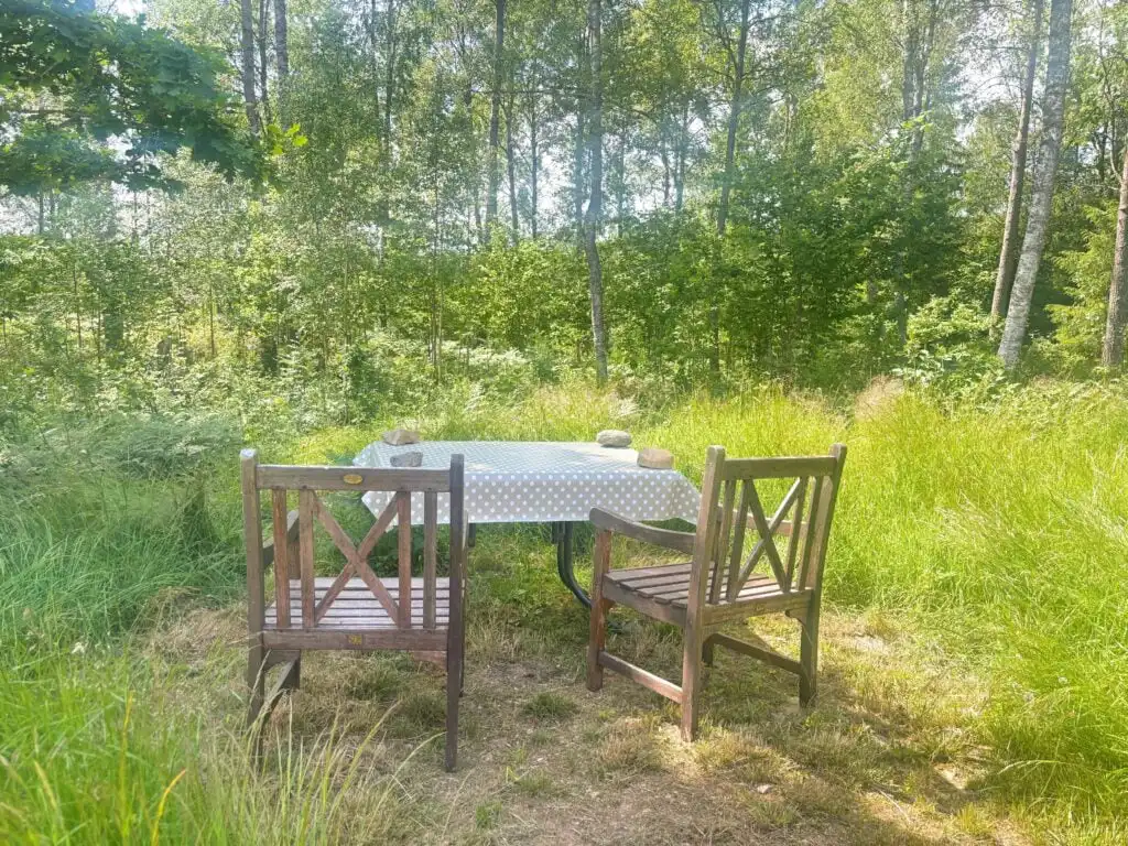 Sitzplatz im Garten der Stuga Haget mitten in der Natur