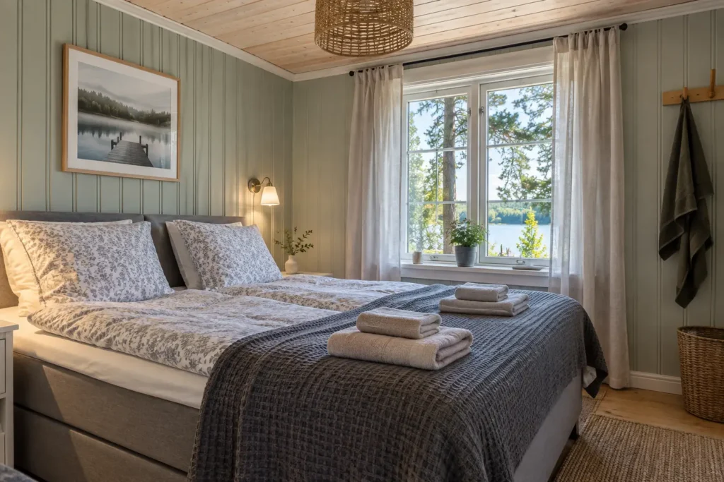 Schlafzimmer mit Bettwäsche in einem Ferienhaus in Schweden