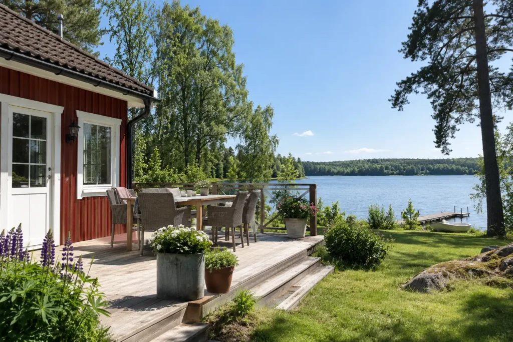 Typisches Ferienhaus in Schweden mit Terrasse und Garten