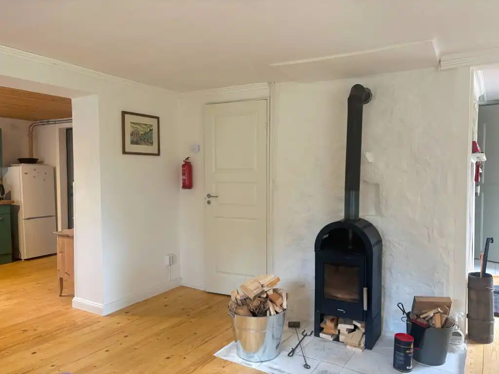 Wohnzimmer mit Kamin im Schwedenhaus Villa Pelle
