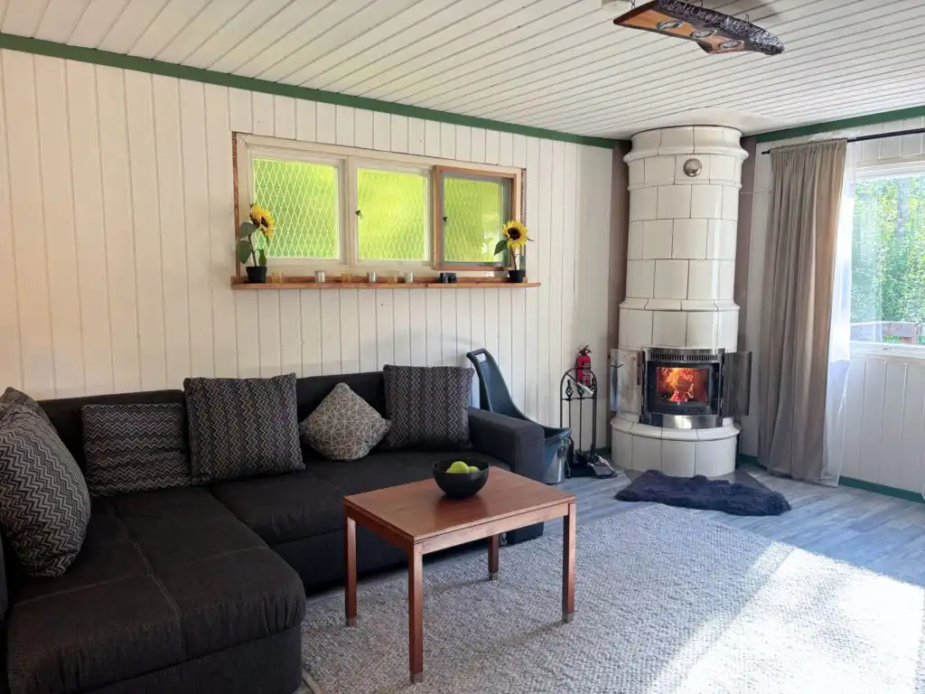 Gemütliches Wohnzimmer im Hus Älmtamåla in Blekinge mit Sofa und großen Fenstern