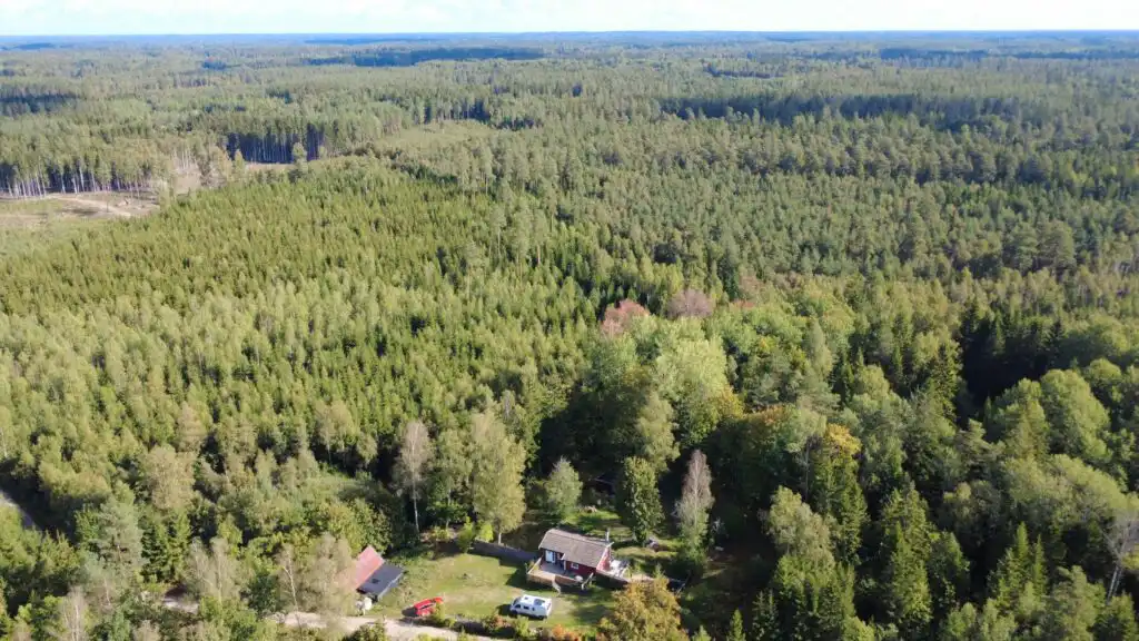 Drohnenblick über die naturnahe Umgebung des Hus Älmtamåla